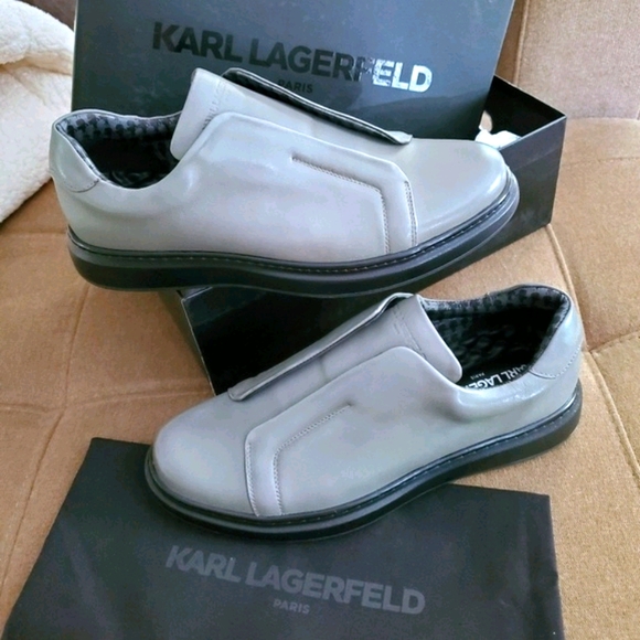 NEW 💯 Karl Lagerfeld Grey Leather Slip On Loafers - Picture 2 of 11